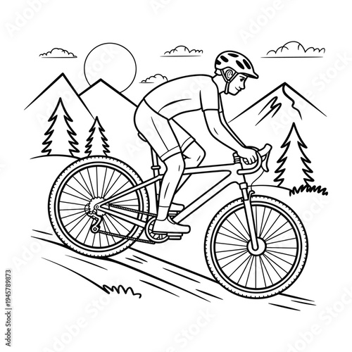 Active person cycling downhill on a mountain bike surrounded by nature with sun and mountains