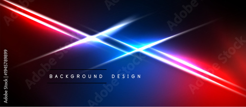 Abstract neon lines intersect dark background. Vibrant red, blue hues create dynamic visual effect. Minimalist design, modern aesthetic.