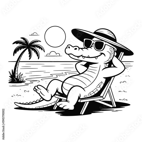 Cartoon alligator wearing sunglasses and a hat relaxing on a beach chair by the ocean