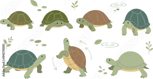 Cute Turtle Cartoon Vector Set with Different Tortoise Characters Walking Swimming and Smiling with Nature Leaves and Pond Elements