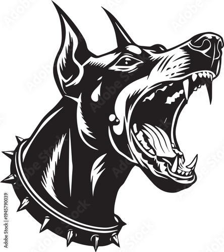 Roaring Doberman Dog Head Aggressive Guard Dog Mascot Black and White Vector Illustration