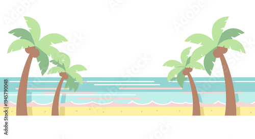 Flat vector illustration of a tropical beach paradise with palm trees, blue ocean waves, and golden sand, perfect for summer vacation.