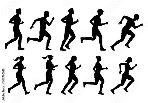 people running, working out for marathon and exercise silhouette set. men and women jogging in different poses. front and side view, black shadow elevation. illustration isolated on white background.