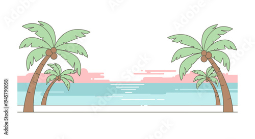 Minimalist vector illustration of tropical beach with palm trees, serene ocean waves, and soft pastel sky. Summer paradise scene.