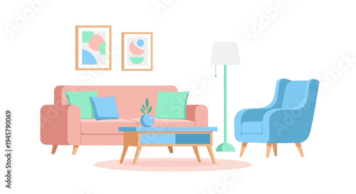 Minimalist living room interior design vector illustration with pastel pink sofa, blue armchair, coffee table, and abstract art