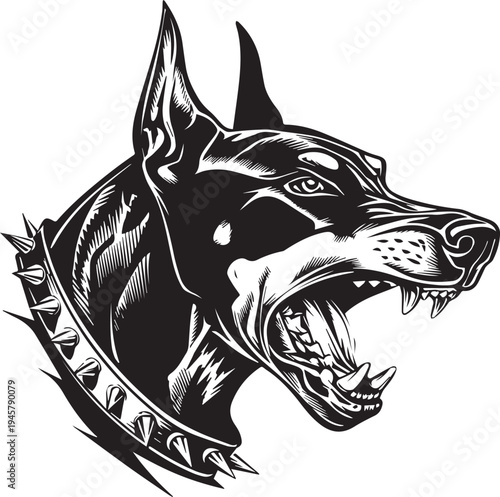Roaring Doberman Dog Head Aggressive Guard Dog Mascot Black and White Vector Illustration