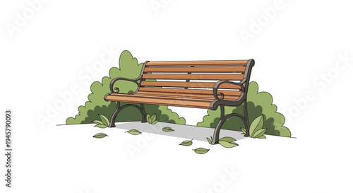 Classic wooden park bench illustration with green bushes and fallen leaves. Vector drawing of outdoor seating in a garden or public space.