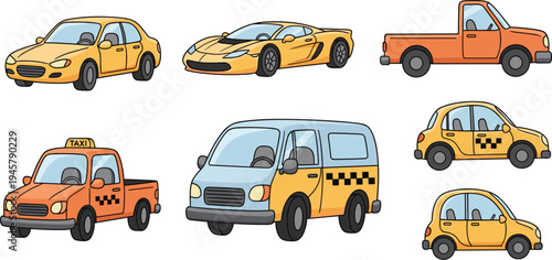 Cartoon taxi cars and vehicles vector set including sedan, pickup, van and sports car, urban transportation illustration collection