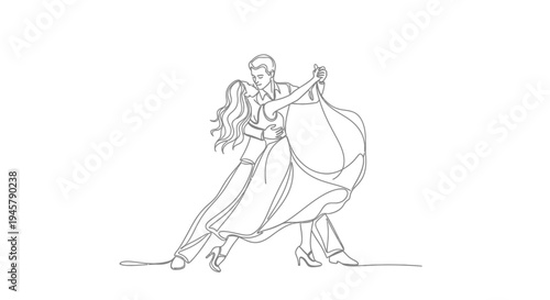 Elegant continuous line art drawing of a romantic couple ballroom dancing, capturing grace and passion.