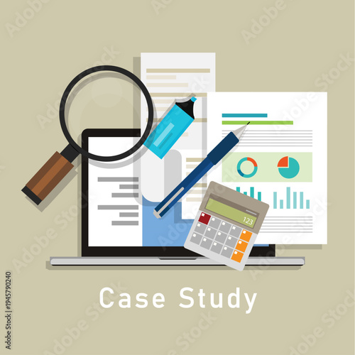 Case study concept with document paper chart and magnifying glass flat icon symbol vector illustration