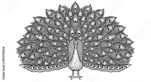 Detailed black and white illustration of a majestic peacock with its fanned tail feathers, isolated on white background. Elegant animal art.