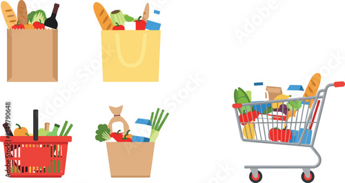 Grocery shopping bags, basket and cart with food products vector illustration set, supermarket purchase concept with vegetables, bread and household groceries