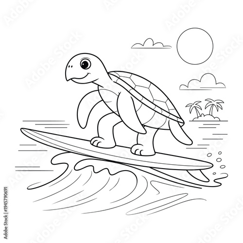 Cute cartoon turtle surfing on a surfboard on ocean waves near tropical island under a sunny sky