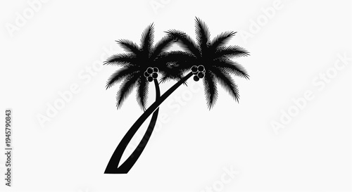 Two palm trees with fronds swaying against a plain background