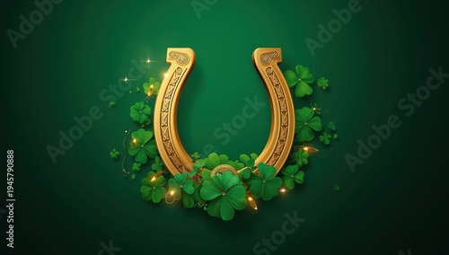 Luck horseshoe. St. Patrick's Day card. 3D image