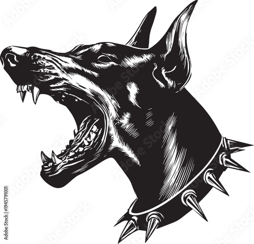 Roaring Doberman Dog Head Aggressive Guard Dog Mascot Black and White Vector Illustration