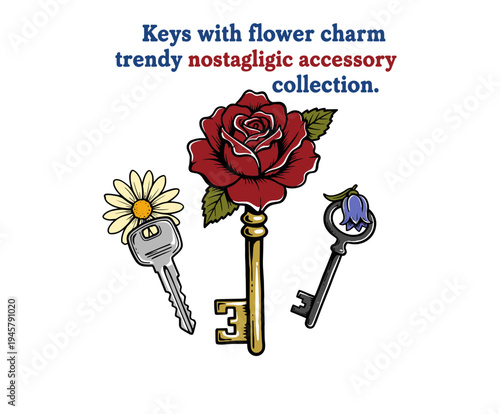 Vintage keys with floral charms collection. Antique decorative key set with rose, daisy, and bluebell flowers. Nostalgic jewelry accessory vector.