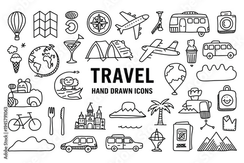 Travel Icons Collection Hand Drawn Doodle StyleVacation Symbols