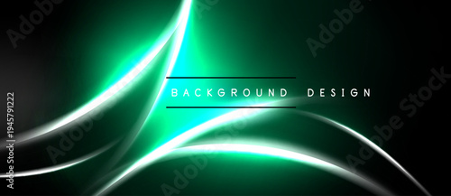 Dark green background features bright, flowing lines. Modern design with text overlay, simple yet elegant aesthetic.