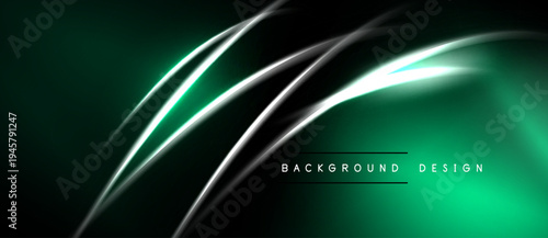 Dark green background features silver lines, creating dynamic abstract shapes. Text reads background design centrally positioned. Modern aesthetic.