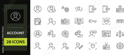 Collection of User profile Linear Icons, Including Profile, avatar, login, password and more. User account web icon set in line style