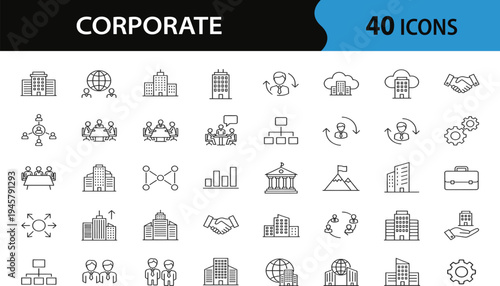Collection of corporate business, line icons, including business strategy, office and more. Web icon set in linear style