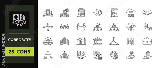 Collection of corporate business, line icons, including business strategy, office and more. Web icon set in linear style