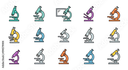 Colorful vector illustrations of laboratory microscopes in various color palettes for scientific