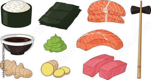 Sushi ingredients and sashimi vector set with salmon, tuna, seaweed, rice, soy sauce, wasabi and chopsticks illustration for Japanese food design