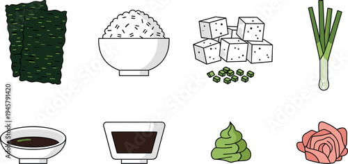 Sushi ingredients vector illustration set with seaweed, rice, tofu, green onion, soy sauce, wasabi and pickled ginger for Japanese cuisine design