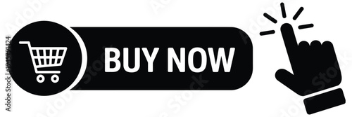 E-commerce “Buy Now” icon, black button with shopping cart and hand pointer, suitable for websites, mobile apps, online marketplaces, and user interface design.