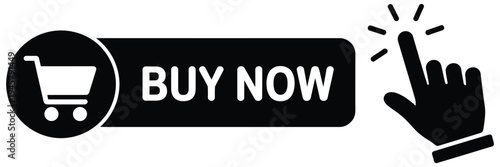 Black “Buy Now” button icon, featuring a shopping cart and hand symbol, vector illustration for e-commerce websites, online stores, digital marketing, and call-to-action buttons.
