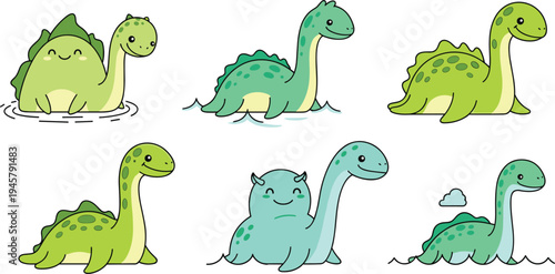 Cute cartoon plesiosaurus dinosaurs collection vector set, adorable prehistoric sea monster characters for kids illustration, stickers and nursery design