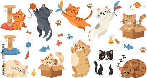 Cute Cartoon Cat Vector Set with Playful Kittens Jumping Sleeping and Playing with Toys Boxes Fish and Pet Accessories