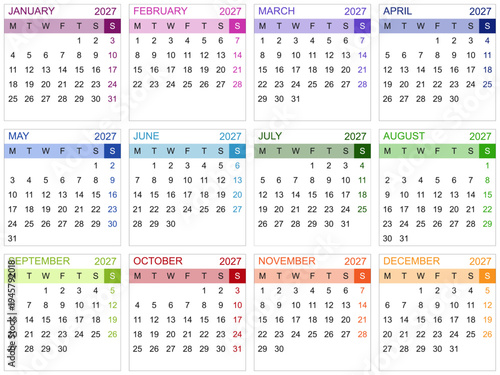 Modèle de calendrier 2027 pour agenda, planning, organiseur avec textes en anglais - textes vectorisés et non vectorisés sur calques séparés