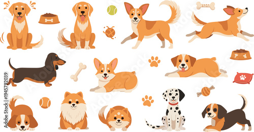 Cute Dog Cartoon Vector Set with Different Puppy Breeds Playing Sitting Running and Happy Pet Characters with Bone Paw Print and Food Bowl Elements