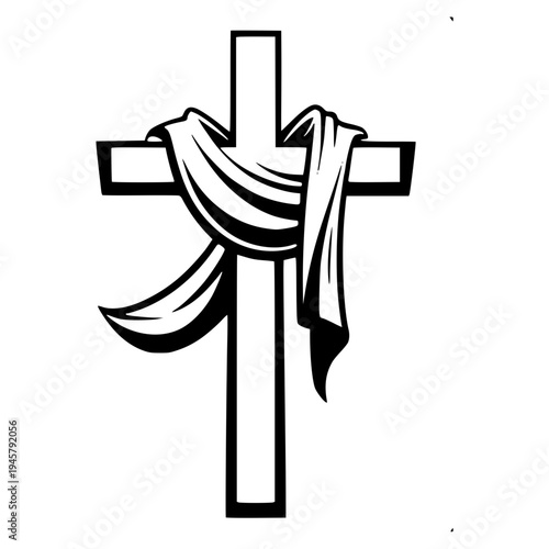 A simple black and white illustration of a cross with a cloth draped over it