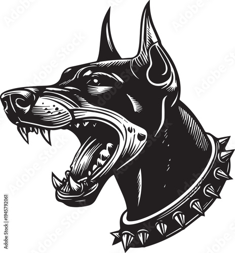 Roaring Doberman Dog Head Aggressive Guard Dog Mascot Black and White Vector Illustration