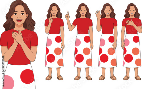 Female character set with various poses and expressions showing happy waving and praying gestures flat vector illustration isolated