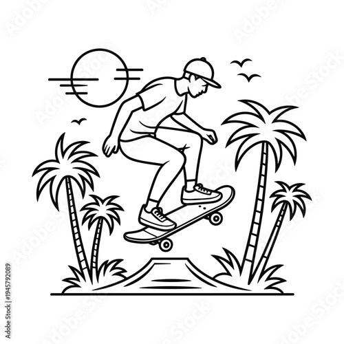 Young skateboarder performing a trick on a ramp amidst palm trees with a sun and birds in the background