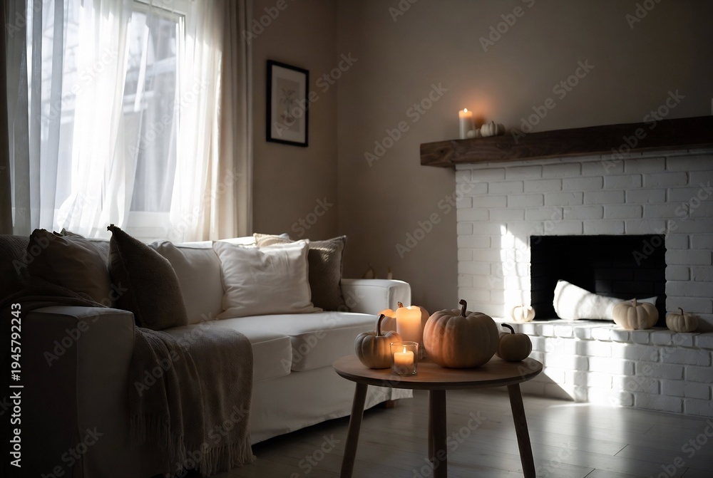 Obraz premium A cozy living room scene with autumn decor and warm lighting.