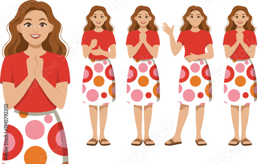 Female character set with various poses and expressions showing happy waving and praying gestures flat vector illustration isolated