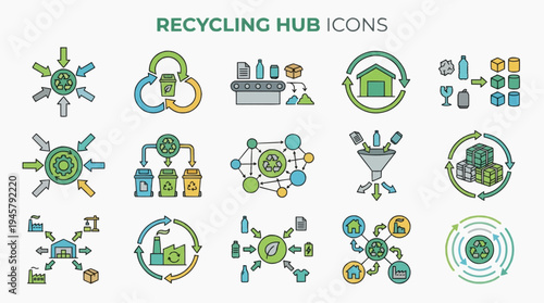 Recycling hub icons vector set manage waste efficiently with these innovative graphic icons for environmental management solutions