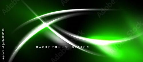 Abstract green design features bright white lines, curves, glowing effects. Dark background enhances luminosity, creating dynamic visual impact.