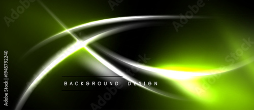 Abstract neon lines over dark backdrop. Bright green, white curves create dynamic visual effect. Modern design element.