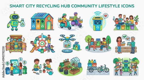 Smart city recycling hub community lifestyle icon set vector graphics showcasing sustainable urban living and eco-friendly practices for modern residents