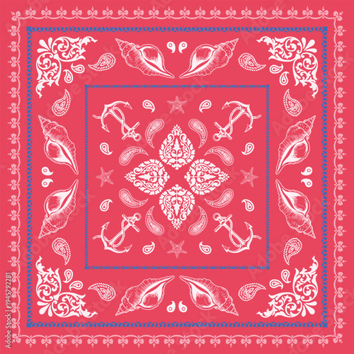 scarf and shawl pattern design. Scarves with flower and sea item combination ornament, beach festival pink print