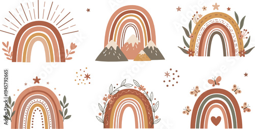 Boho rainbow collection with mountains, sun rays, flowers and leaves, earthy pastel nursery and decorative elements illustration set