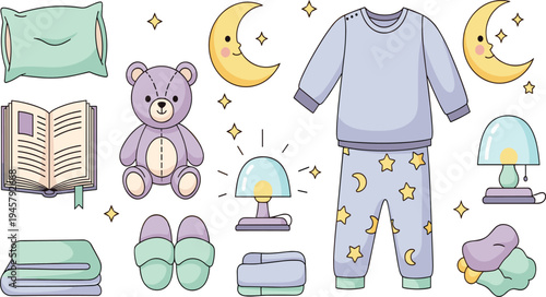Kids Bedtime Routine Illustration Set Featuring Pajamas, Pillow, Story Book, Teddy Bear, Night Lamp, Slippers, and Cozy Sleep Essentials for Children Night Preparation.