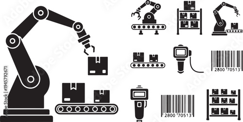 Industrial robotic arm and barcode scanner icons set